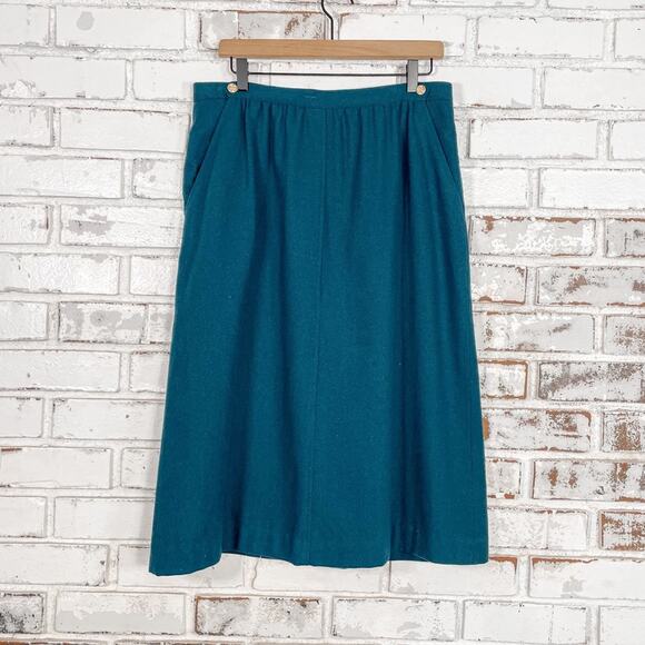 Vintage 80s Leslie Fay Teal Blue Gold Button Pull On Wool Blend Midi Skirt 14 - Picture 1 of 13